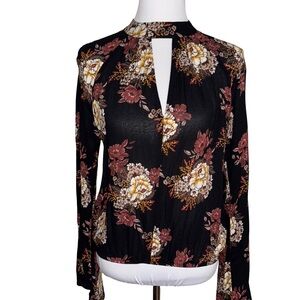 Chloe & Katie Black Floral Blouse with Bell Sleeves